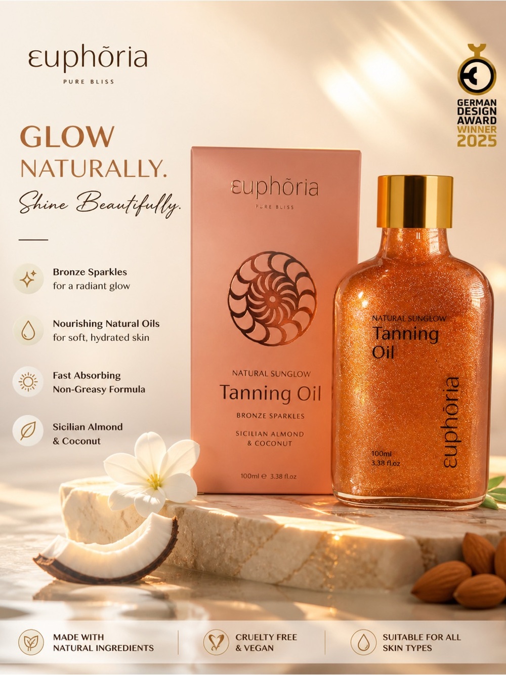NIB! Authentic Euphoria Sunglow Natural Tanning Oil 100ml